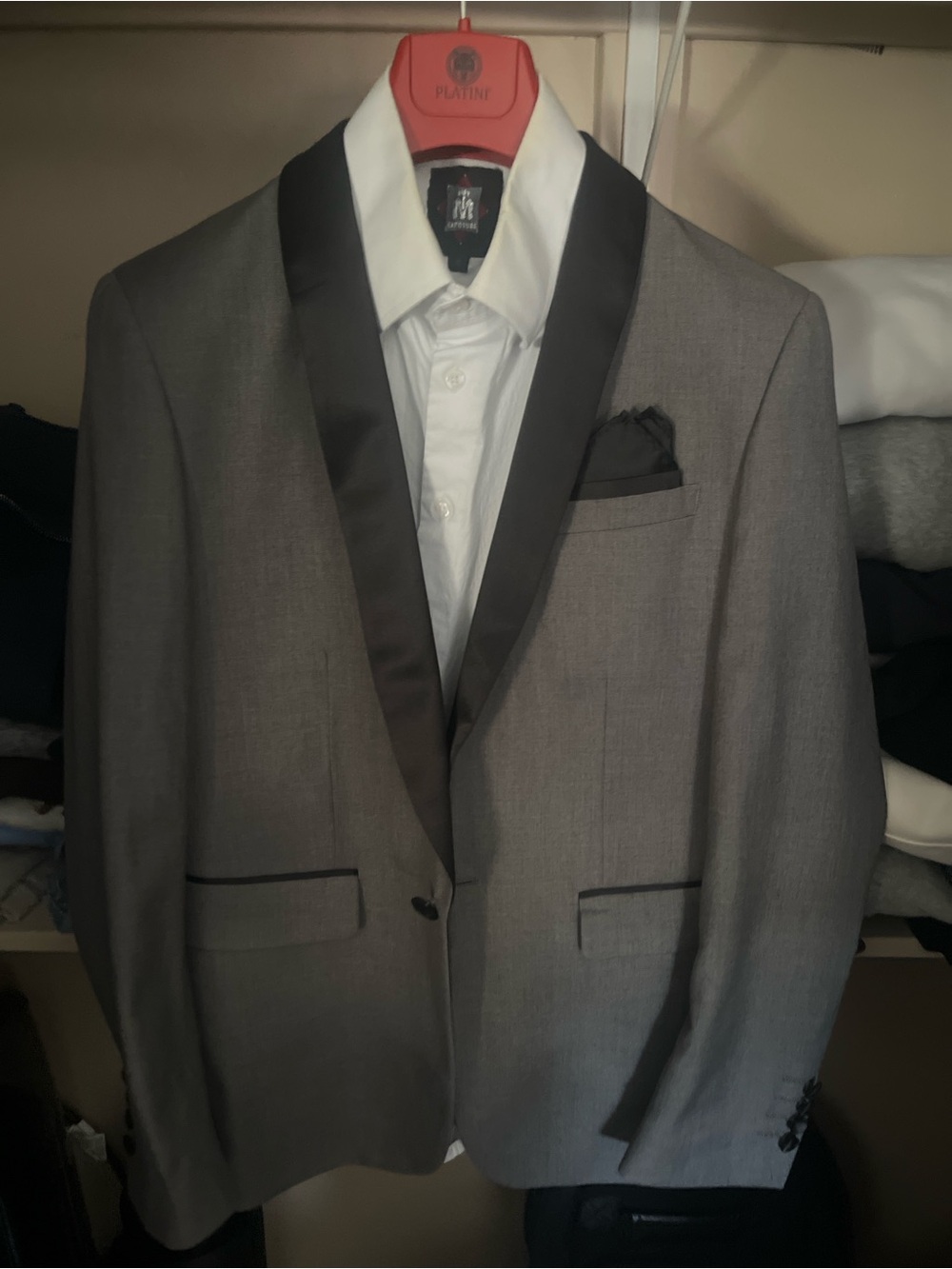 Men's Gray Tuxedo Blazer with Black Satin Shawl Lapel